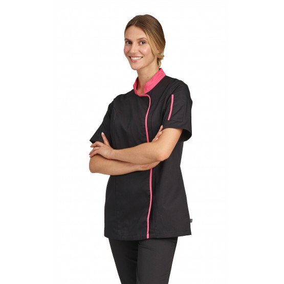 NOIR/FUCHSIA - Veste de cuisine manches courtes professionnelle de travail à manches courtes femme cuisine hôtel serveur restaur