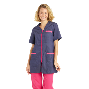 DENIM/FUCHSIA - Tunique professionnelle de travail blanche à manches courtes femme - PROMO aide a domicile infirmier auxiliaire 